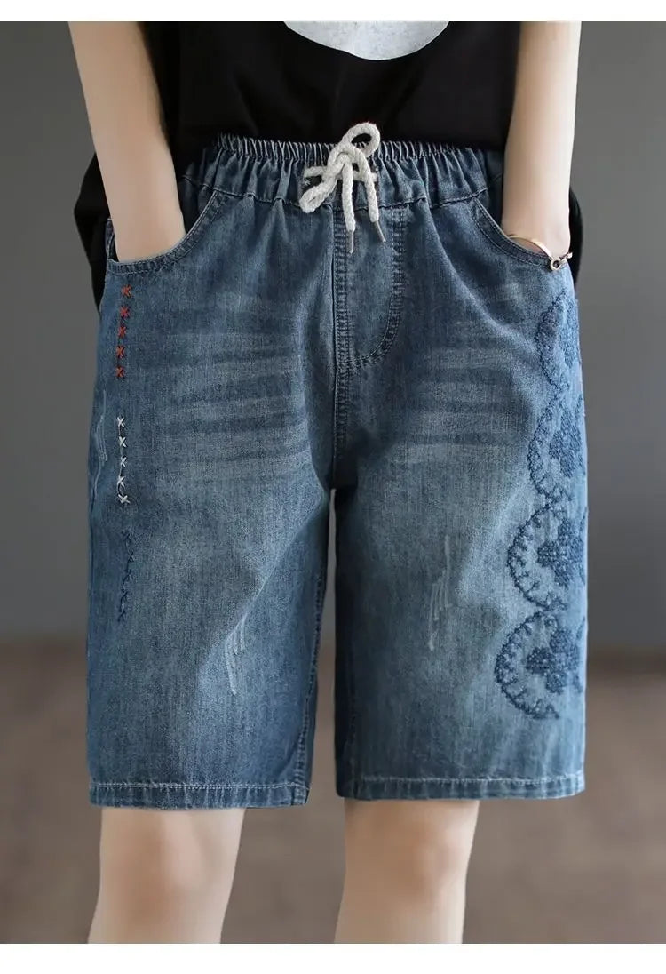 Vintage Jeans Shorts Women Summer Floral Embroidery Elastic High Waist Denim Shorts Design Wide Leg Trousers Blue Black Shorts