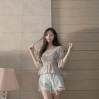 Chiffon Shirt for Women New Floral Flared Sleeves Wrapped in Chest and Waist to Make Them Look Slim Top for Women
