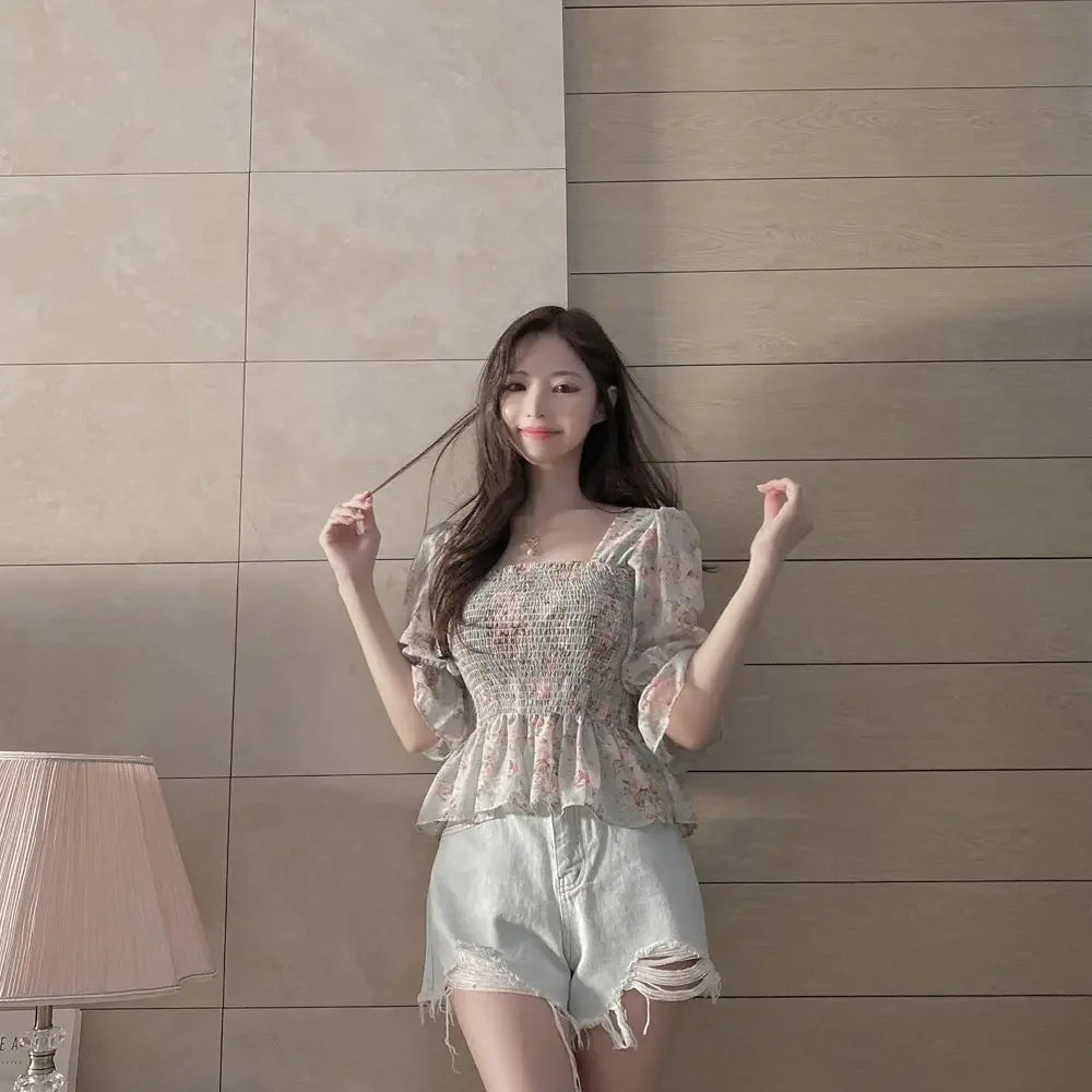 Chiffon Shirt for Women New Floral Flared Sleeves Wrapped in Chest and Waist to Make Them Look Slim Top for Women