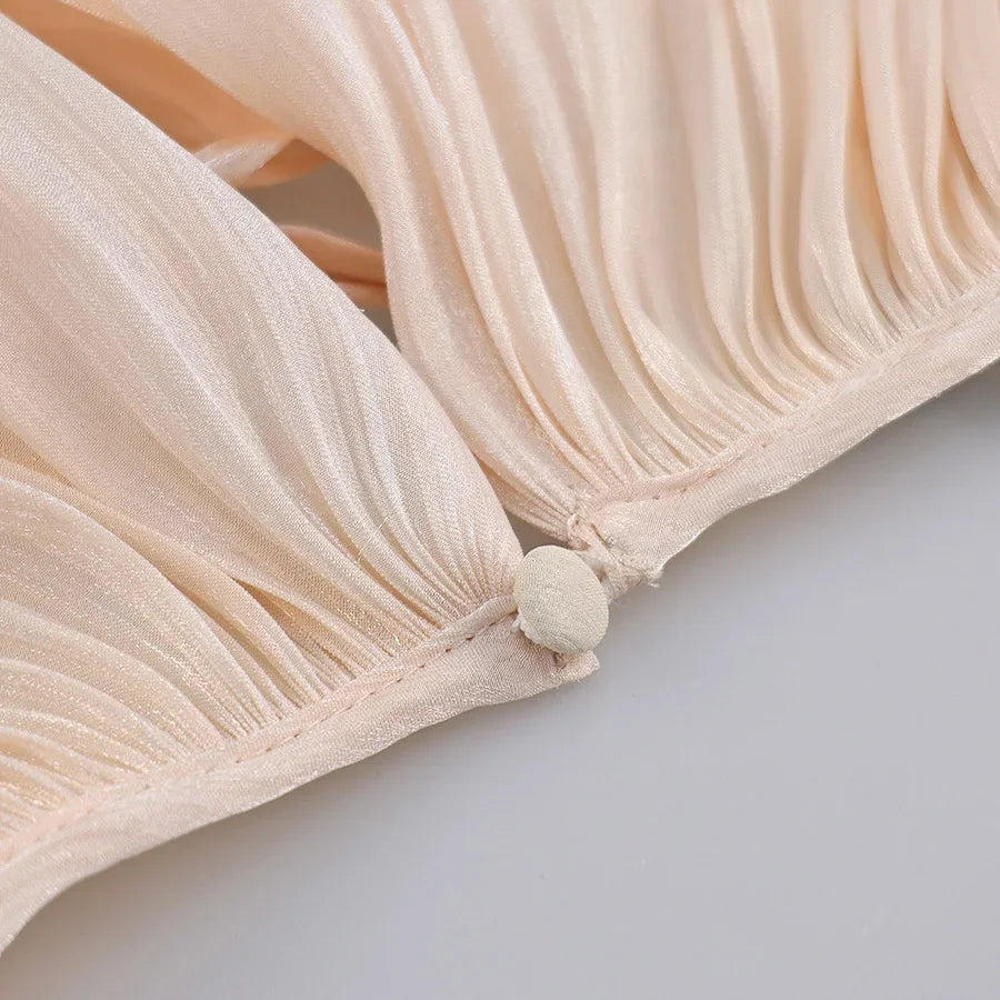 Pleated Mini Dress Women New Fashion Puff Sleeve Elegant V-neck High Waist Evening Party Dresses Lady Holiday Beach Vestidos