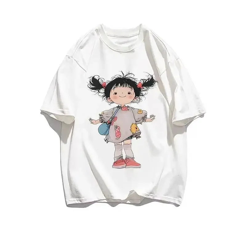 Summer Korean Version of Creative Girl Print Short-sleeved T-shirt Versatile Fashion Ladies Single Product Aesthetic Y2K Top