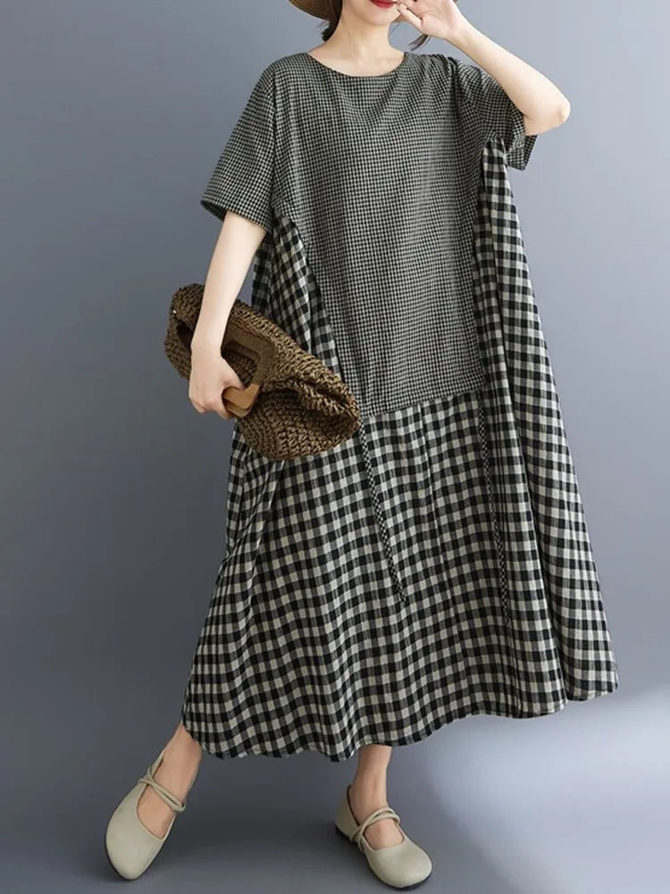 Short sleeve oversized vintage plaid patchwork new in dresses for women casual loose long summer dress elegant clothing 2025