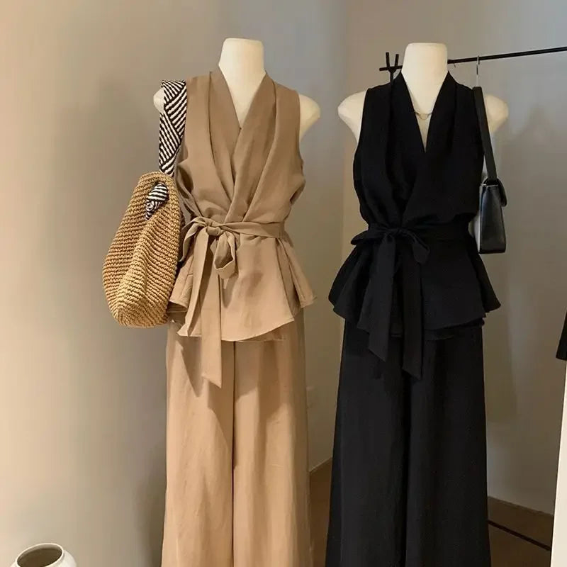Irregular V-neck Cross Halter Vest Wide-leg Trousers for Women Summer New Suit