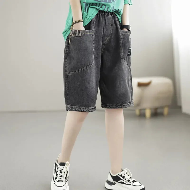 Vintage Jeans Shorts Women Summer Floral Embroidery Elastic High Waist Denim Shorts Design Wide Leg Trousers Blue Black Shorts