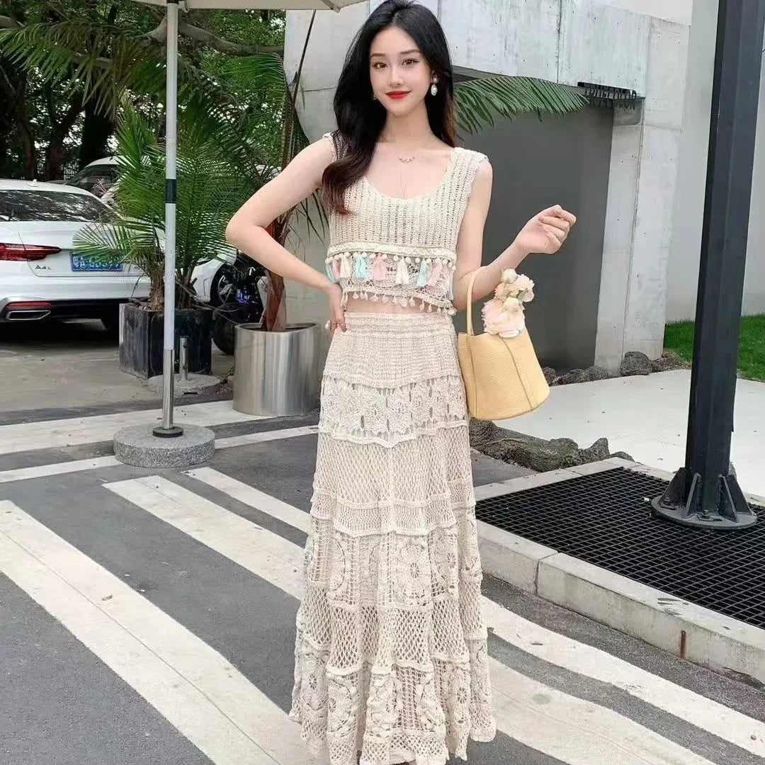 Retro Hollow Knitted Crochet Women's Solid Color Skirt 2025 Summer Fashion Lace Patchwork Female High Waisted Skirt