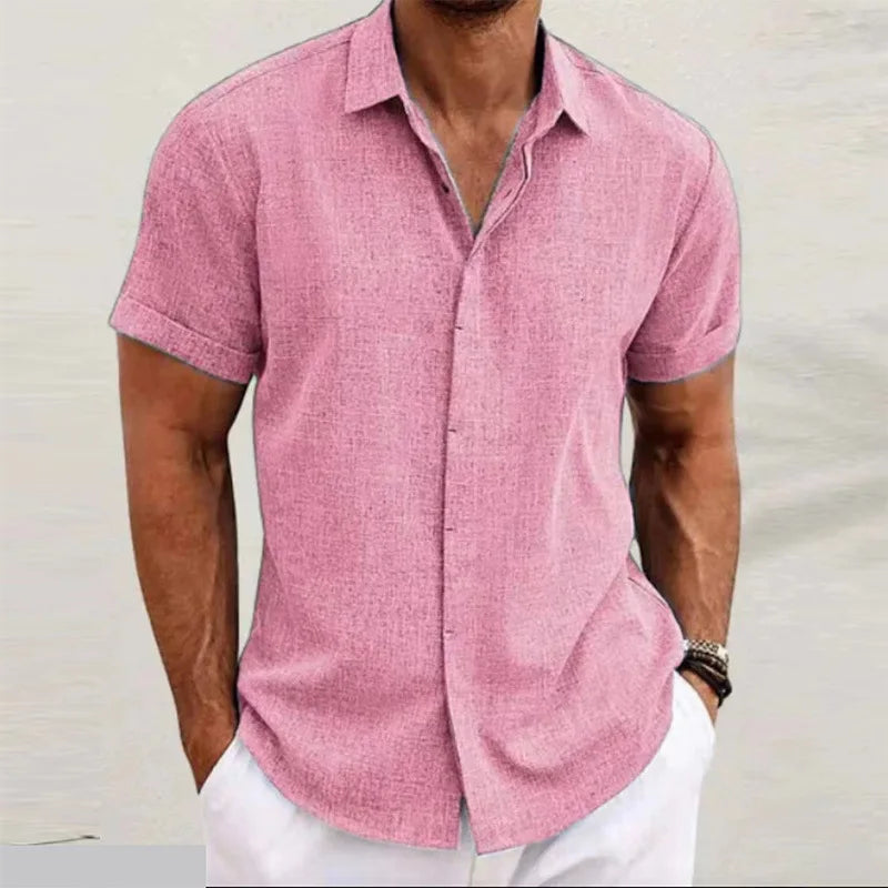 Men Cotton Linen Hot Sale Men's Short-Sleeved Shirts Summer Solid Color Turn-down Collar Casual Beach Style Plus Size Tops