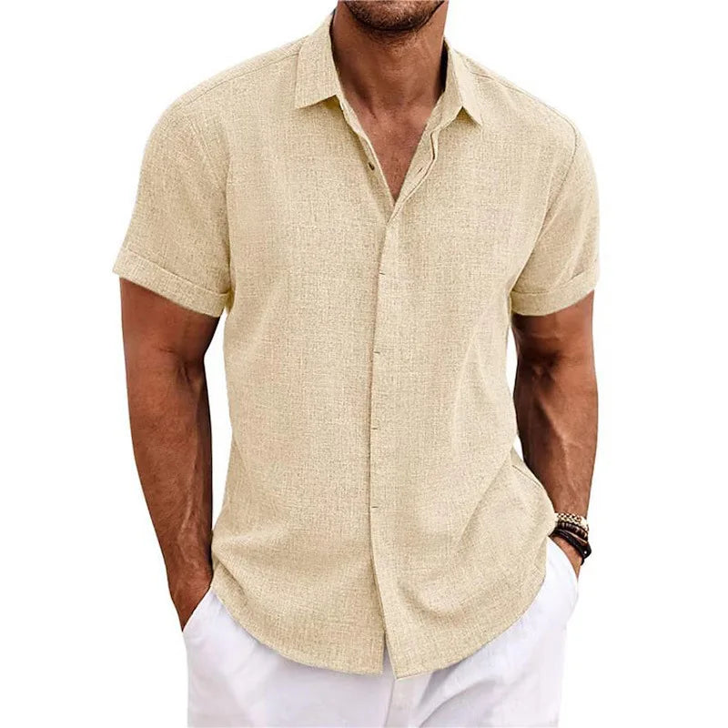 Men Cotton Linen Hot Sale Men's Short-Sleeved Shirts Summer Solid Color Turn-down Collar Casual Beach Style Plus Size Tops