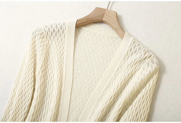 Women 55% Mulberry Silk 45% Cotton Shawl Wrap Hollow out Coat Top Cardigan Long Sleeve Blouse Shirt LY031
