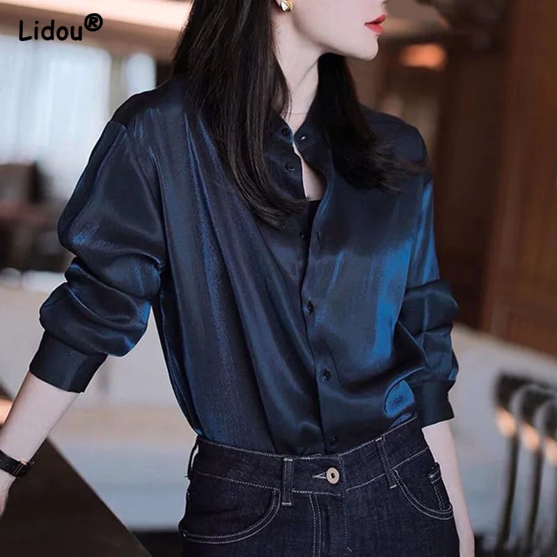 Comfortable Turn-down Collar All Seasons Women's Clothing 2023 Chiffon Trend All-match Korean Solid Color Long Sleeved Blouses