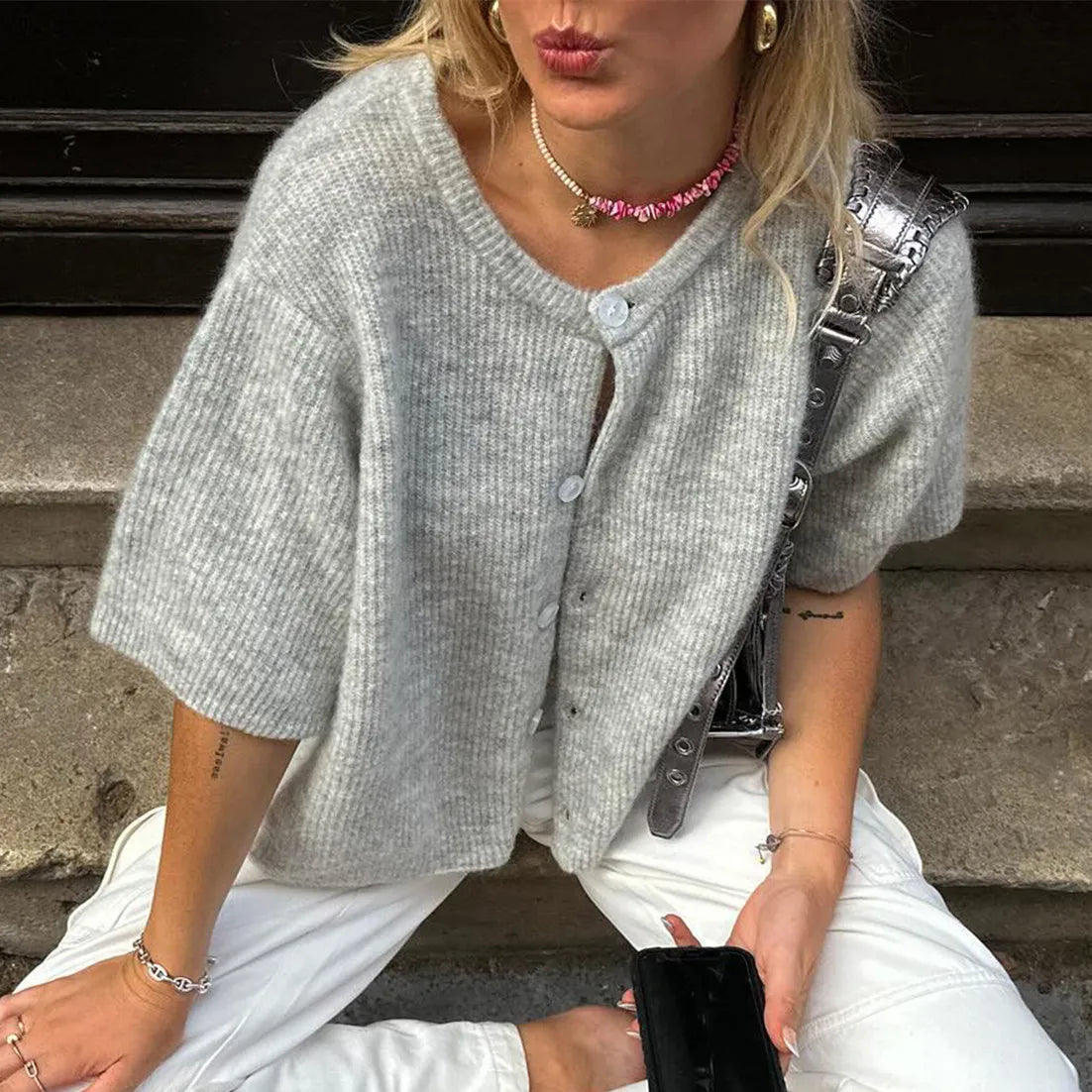 2000s Sweaters y2k Clothes Women Solid Color Round Neck Single Breasted Short Sleeve Cardigan Tops Fashion Streetwear