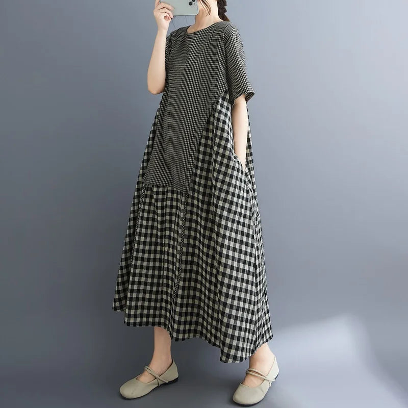 Short sleeve oversized vintage plaid patchwork new in dresses for women casual loose long summer dress elegant clothing 2025