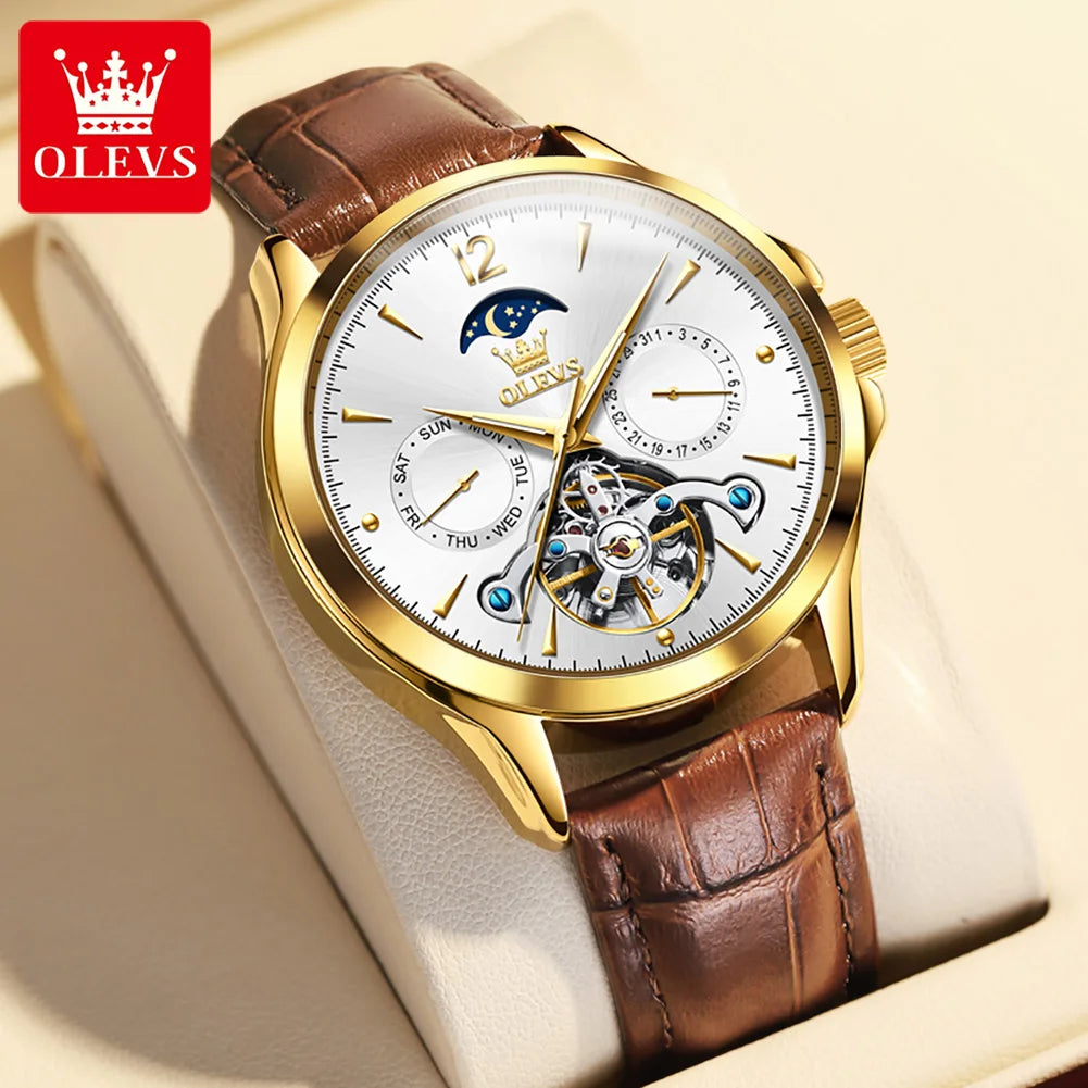 OLEVS 6663 Mens Watch Original Mechanical Watch Tourbillon Waterproof Luminous Leather Strap Moon Phase Day-Date Watch With Box