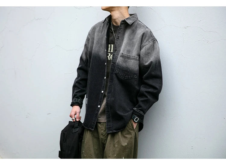 Korean fashion washed gradient denim shirt for men clothing High quality streetwear harajuku casual coat tremdy Long sleeve male