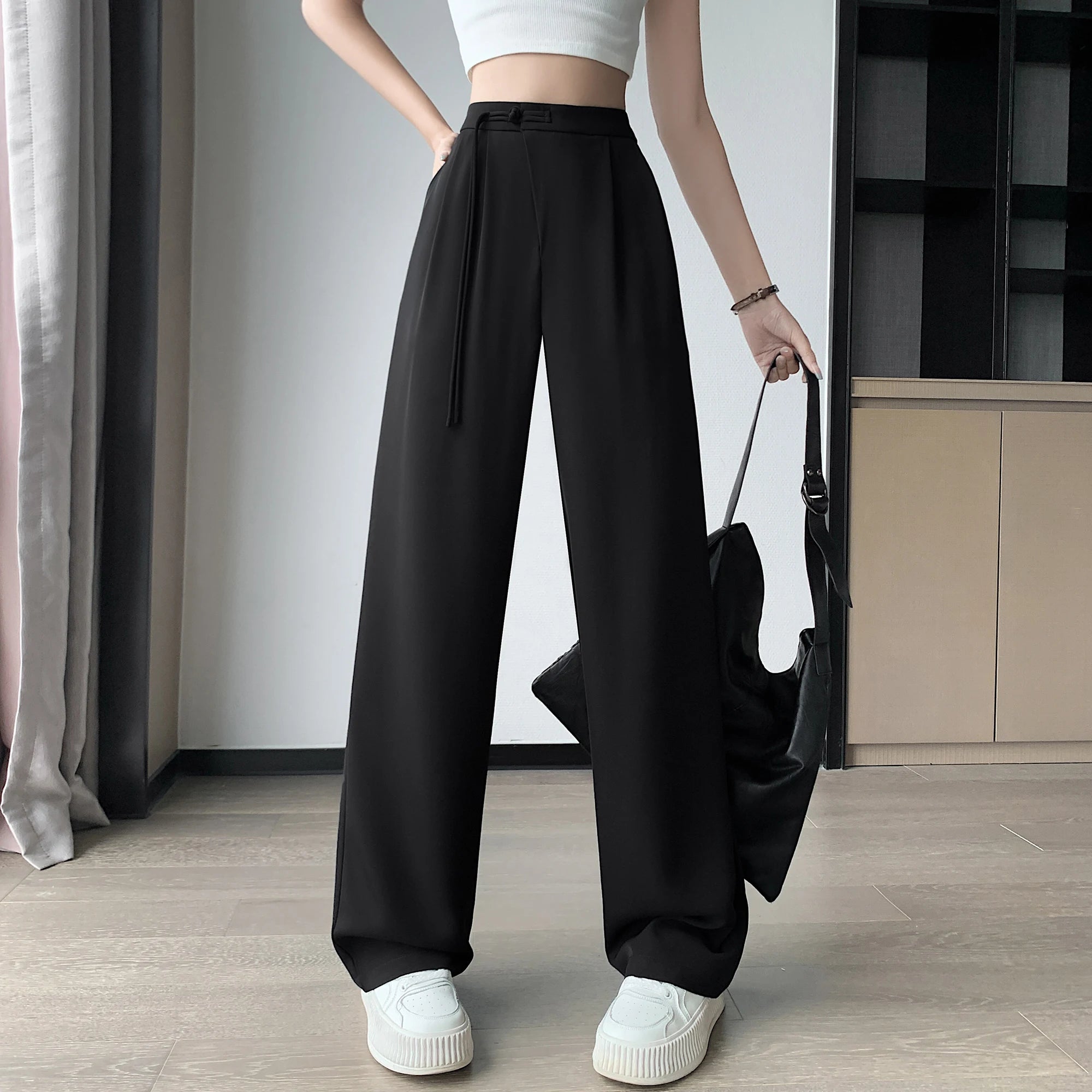2025 New Spring Summer Tapered Wide Leg Suit Pants White High Waist Drop Hem Loose Straight Casual Slim Fit Trousers Female