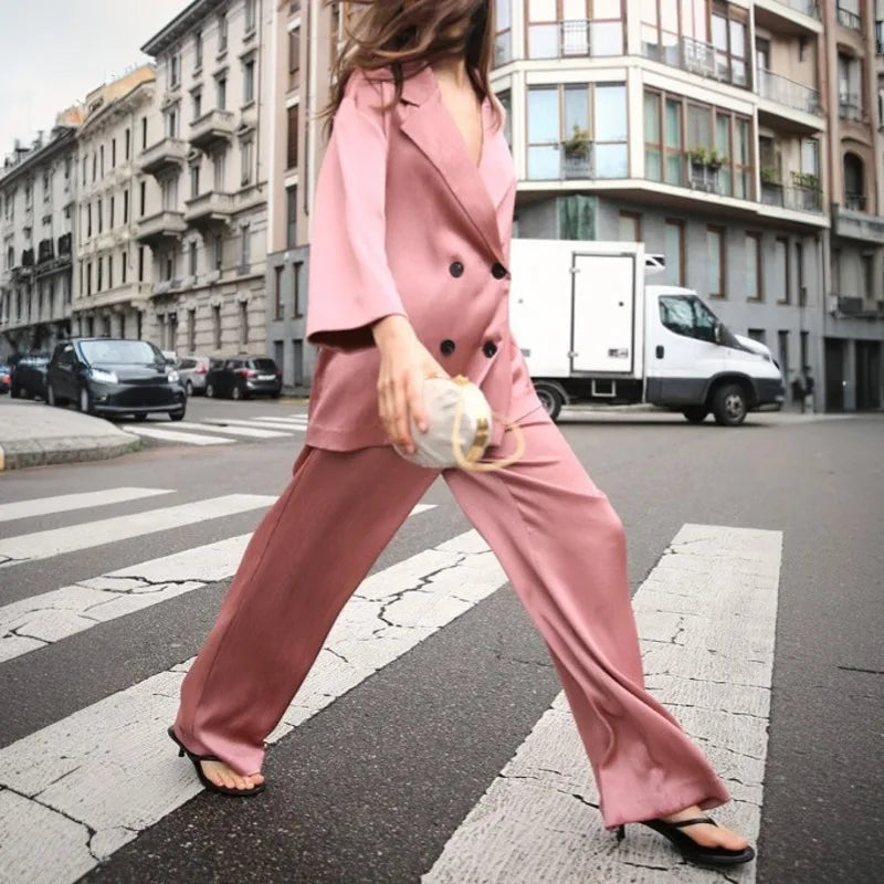 KWTX 2025 Spring Women’s Two Piece Set Solid Pleated V Neck Blazer & Wide Leg Pants Elegant Luxury High Quality Office Set