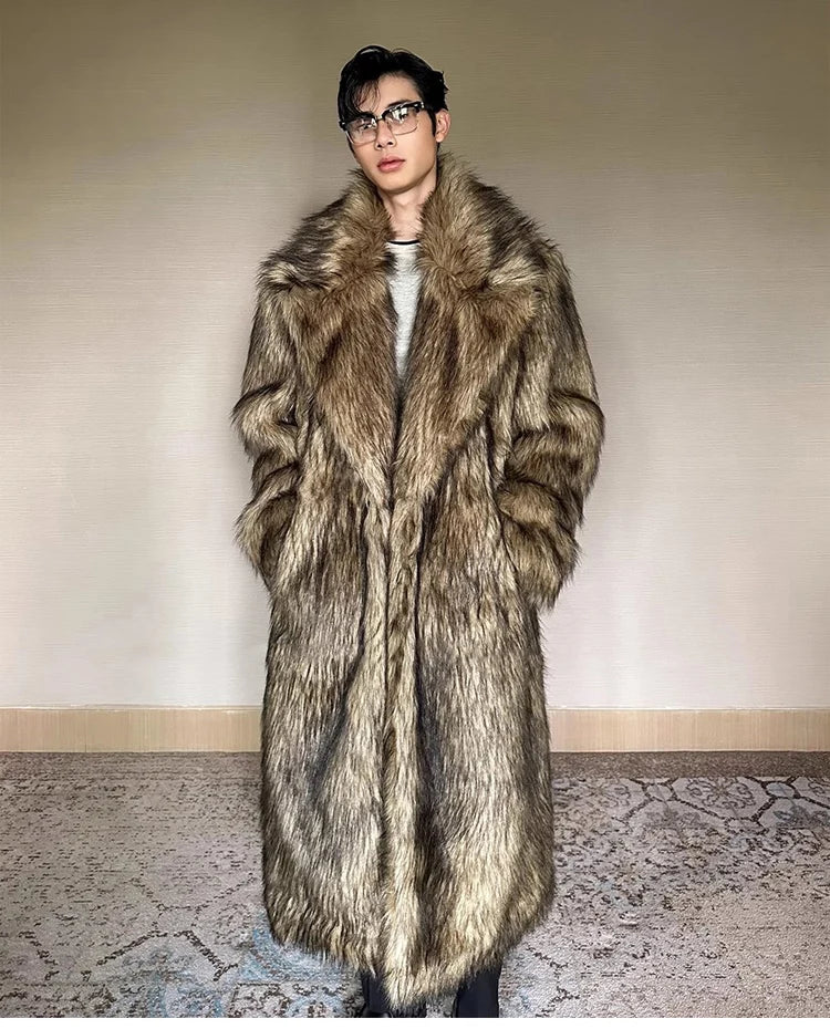 Men's fur coat, Wolf fur, fox fur, lapel long overcoat, winter windproof and warm windbreaker, large size
