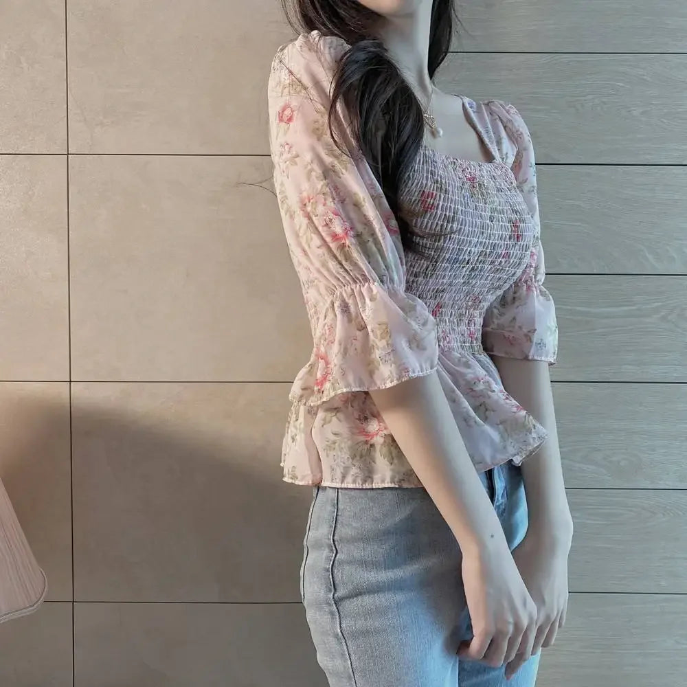 Chiffon Shirt for Women New Floral Flared Sleeves Wrapped in Chest and Waist to Make Them Look Slim Top for Women