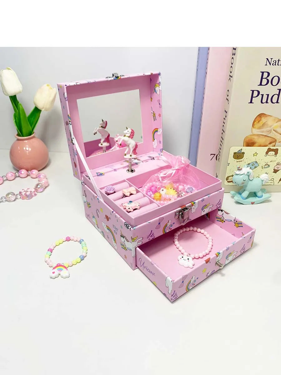 1pc Music Box with Drawer Mirror Rotating Pink Pony Jewelry Storage Box for Ring Necklaces Bracelets Birthday Gift