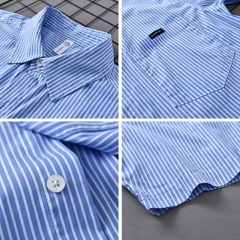 2025 Spring Summer New Casual Striped Cotton Short Sleeve Shirts for Men Clothing Soft Turn-down Collar Shirts DCC03