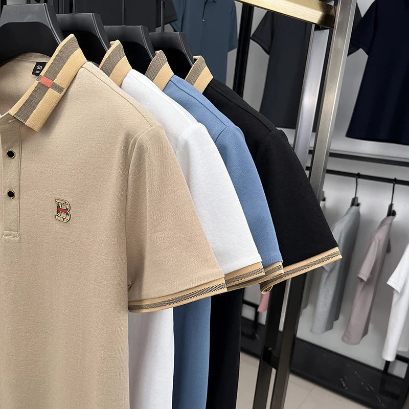 Summer new men's solid color casual fashion short sleeved polo shirt, summer comfortable business casual top