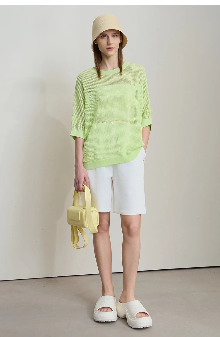 Amii Minimalist Women's Hollowed-out Knitted Pullover 2025 Summer New Half-sleeve Crew Neck Loose Blouse Thin Solid Top 12542139