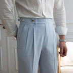 High-end Striped Men's Suit Pants Spring Summer Thin Italian Straight Casual Trousers Blue Paris Buckle Business Trousers
