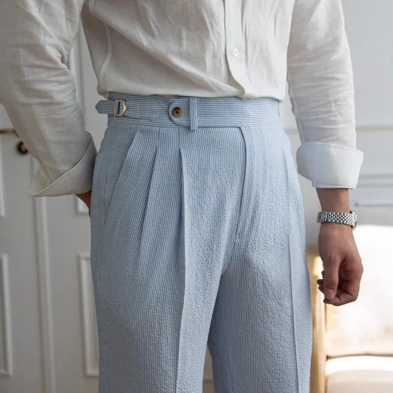 High-end Striped Men's Suit Pants Spring Summer Thin Italian Straight Casual Trousers Blue Paris Buckle Business Trousers