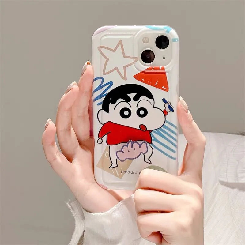 3D Rotating Crayons Shin-Chans Phone Case For IPhone 16 15 14 Pro Max Plus 11 13 12 Mini Pro Max Cover Airbag Clear Soft Casing