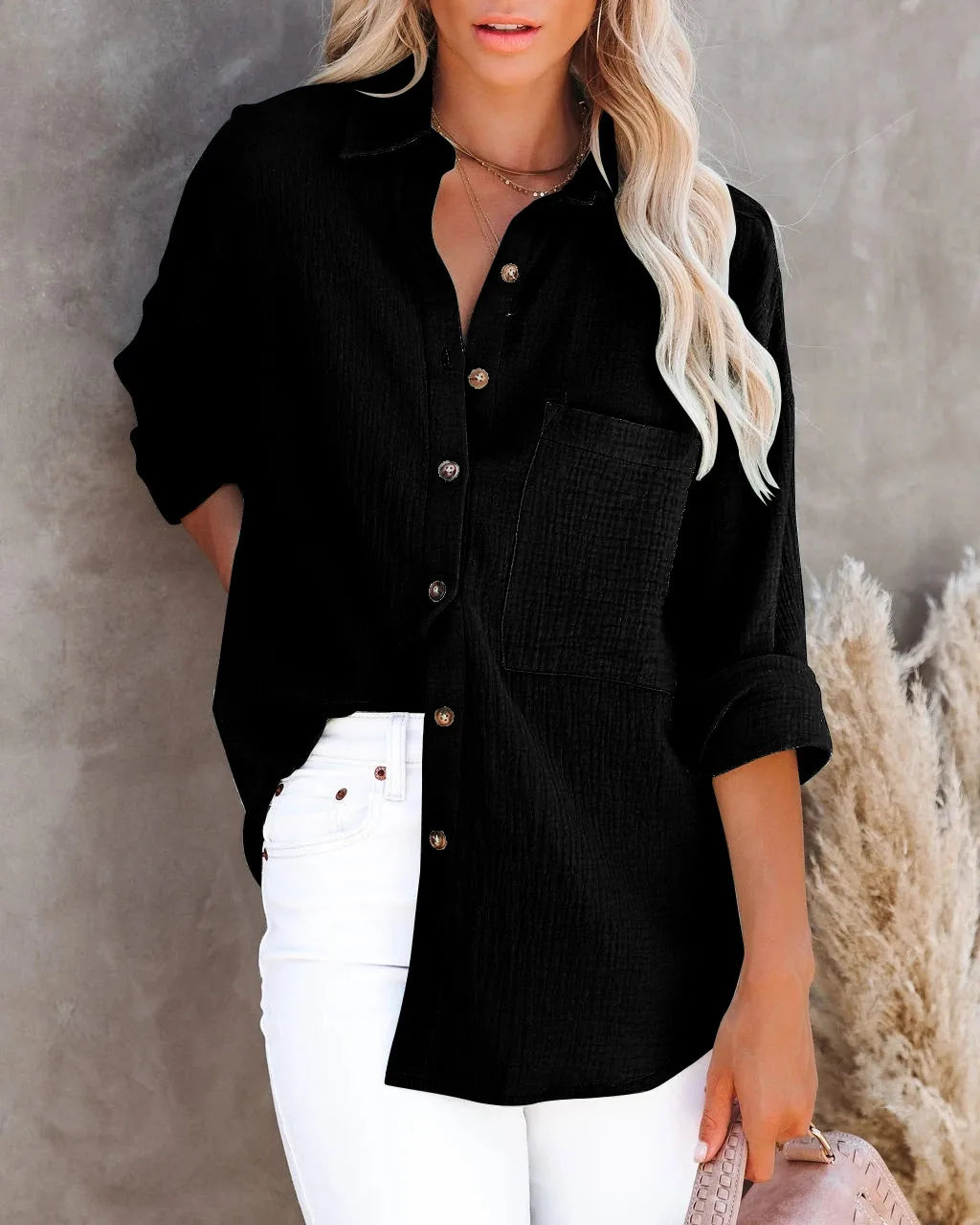 Women's Oversize Shirt Pocket Elegant Beautiful Blouse Women Casual Solid Turn Down Collar Loose Long Sleeve Top 2023 New