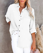 Women's Oversize Shirt Pocket Elegant Beautiful Blouse Women Casual Solid Turn Down Collar Loose Long Sleeve Top 2023 New