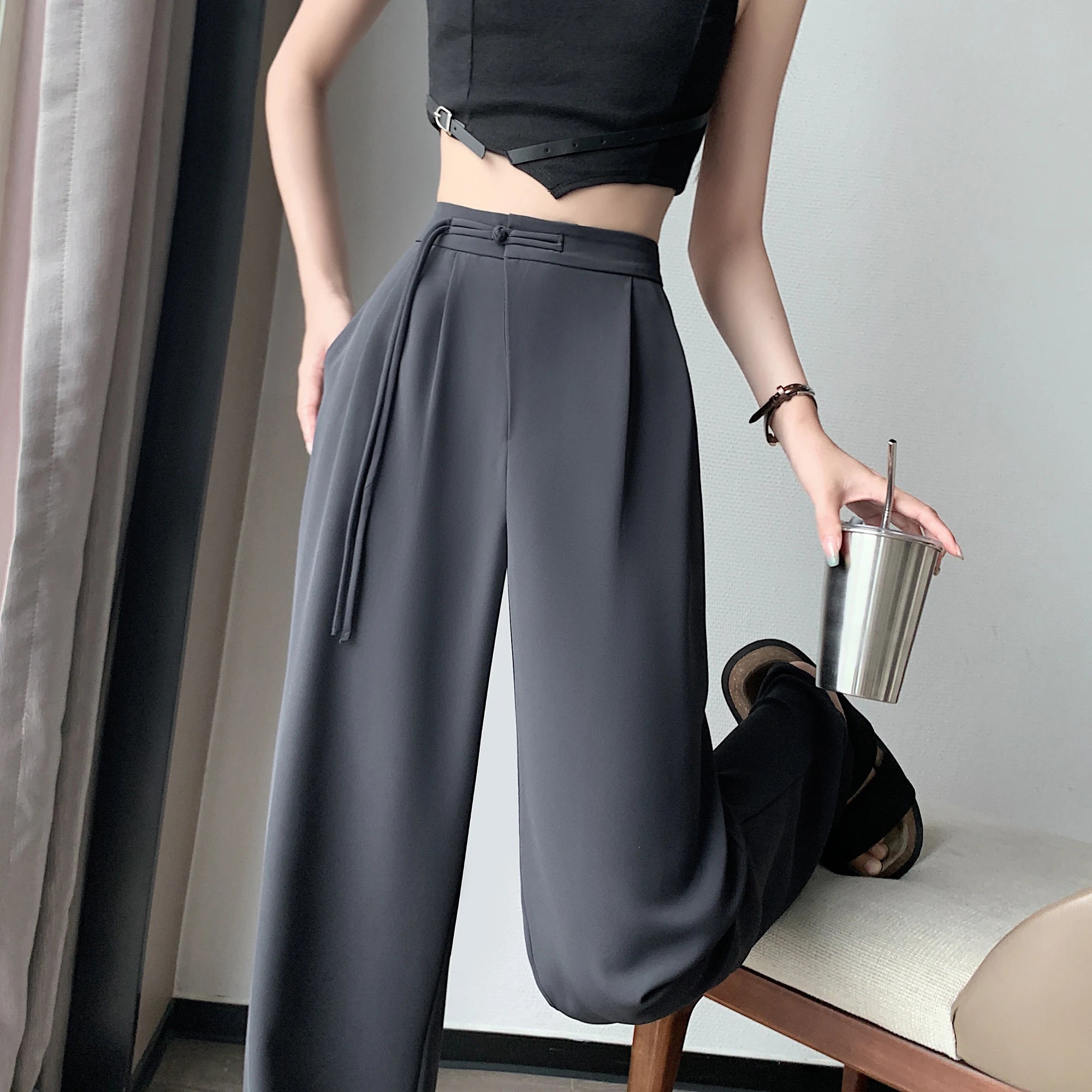 2025 New Spring Summer Tapered Wide Leg Suit Pants White High Waist Drop Hem Loose Straight Casual Slim Fit Trousers Female
