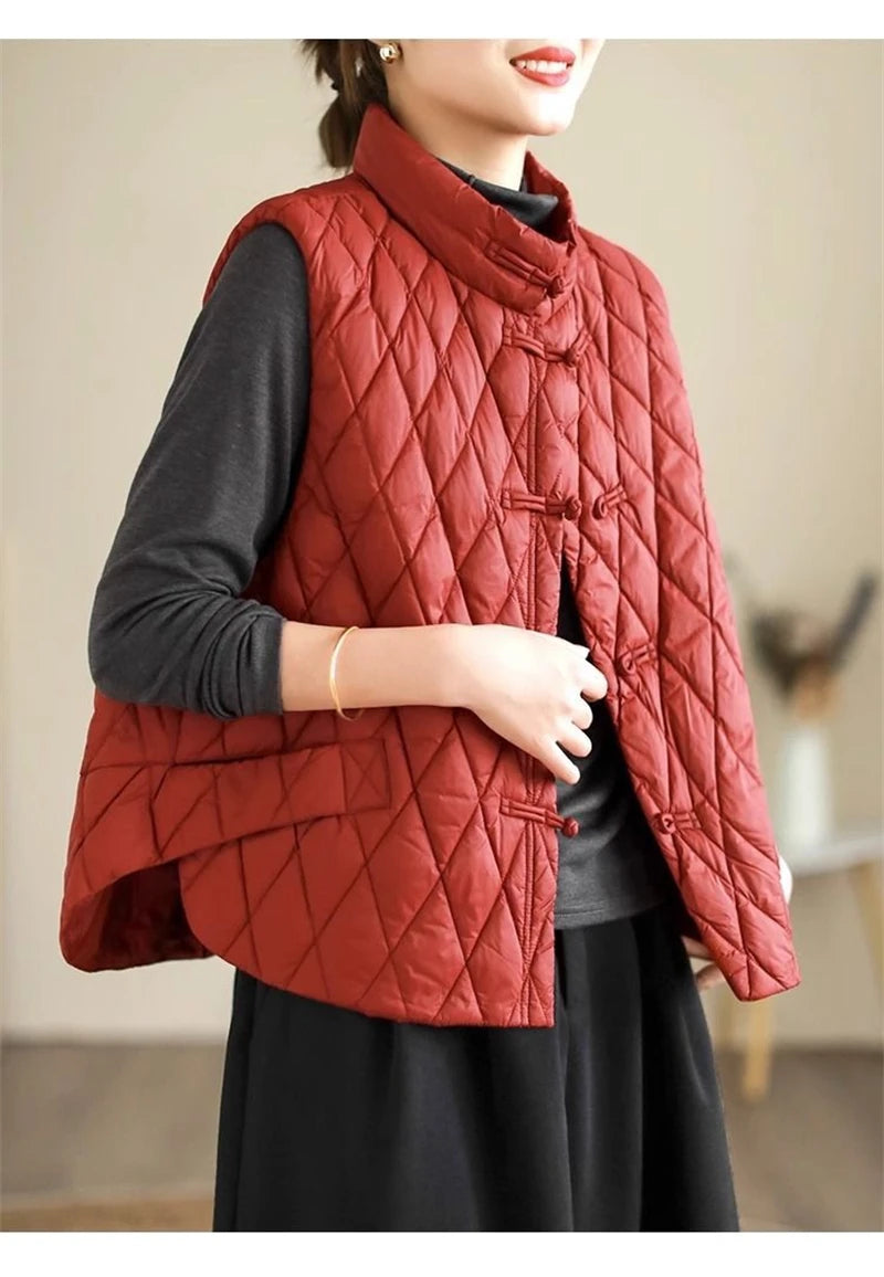 2024 New Autumn Winter Parkas Women Puffer Vest Loose Cropped Stand Collar Sleeveless Vest Jackets Down Cotton Padded Waistcoat
