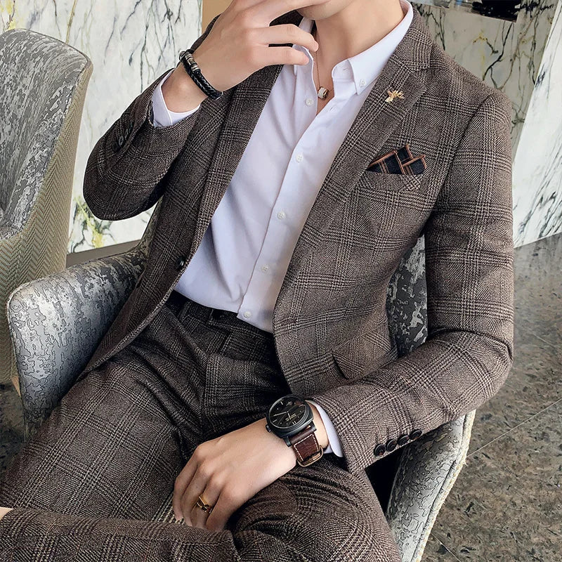 Men Luxury Slim Fit Check Suits Men Boutique Business Casual Formal Suits Sets Blazers+Pants Wedding Social Tuxedo Dress Homme