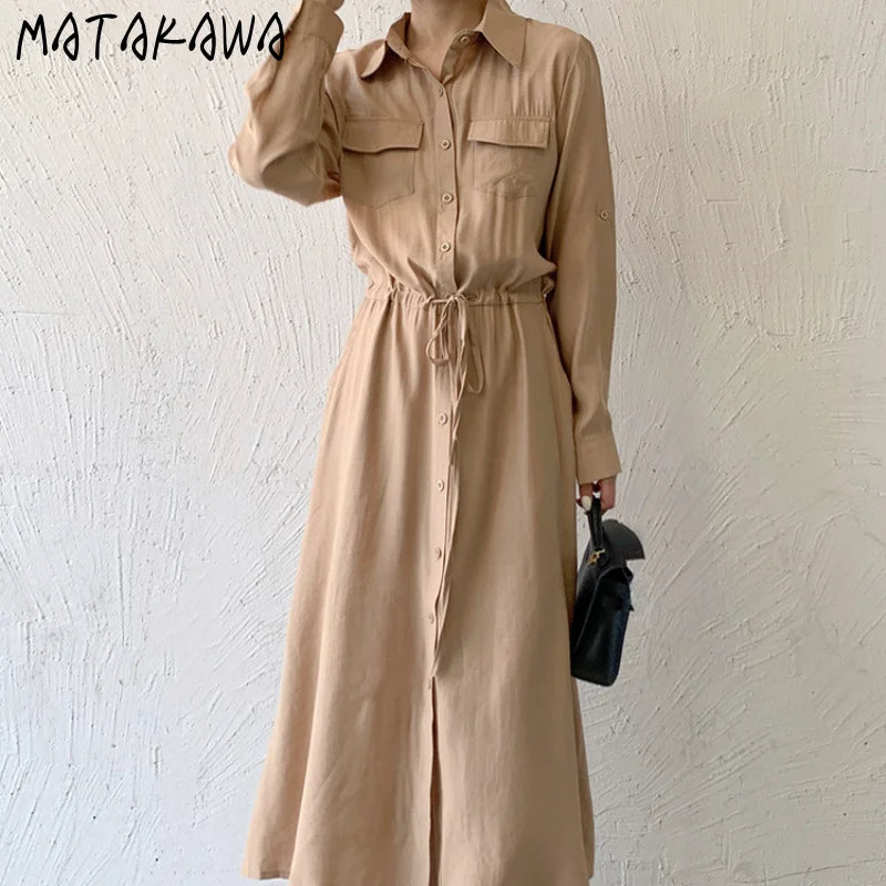 Matakawa Shirt Dresses for Women Solid Long Sleeve Japan Style Elegant Vestidos A-line Simple Fashion Casual  Dress Vintage