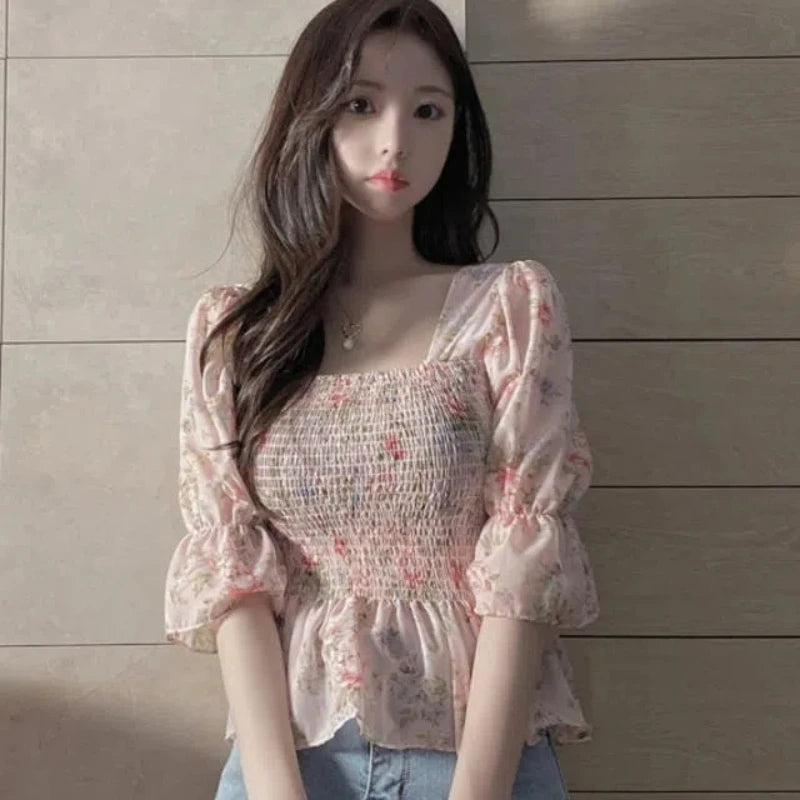 Chiffon Shirt for Women New Floral Flared Sleeves Wrapped in Chest and Waist to Make Them Look Slim Top for Women