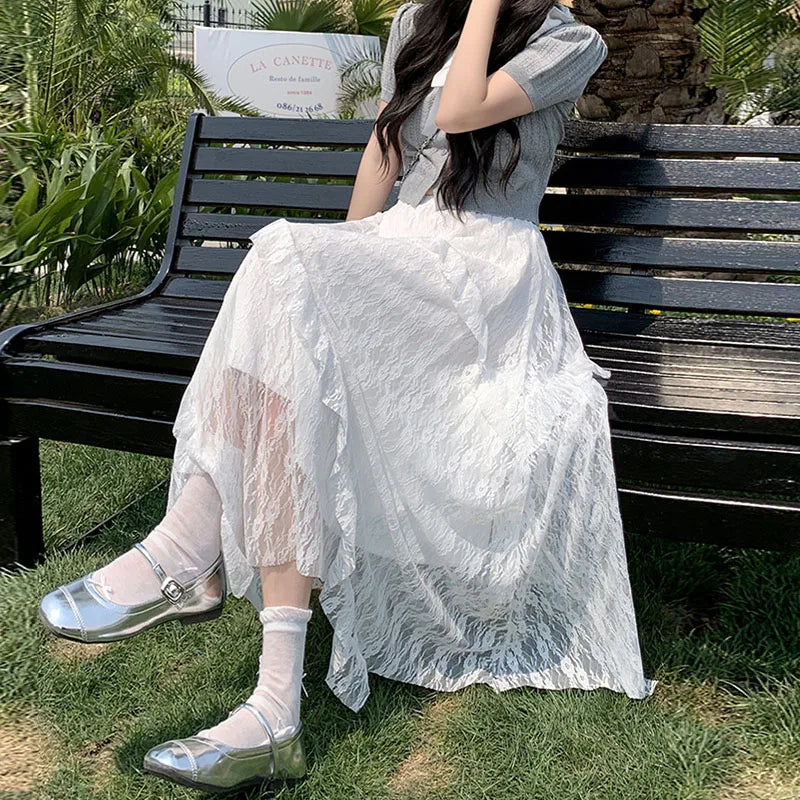 White Lace Irregular Maxi Skirts Women Vintage Ruffles Spliced A-Line Skirts Woman Summer Design Sheer High Waist Cake Skirt