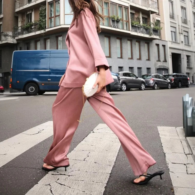 KWTX 2025 Spring Women’s Two Piece Set Solid Pleated V Neck Blazer & Wide Leg Pants Elegant Luxury High Quality Office Set