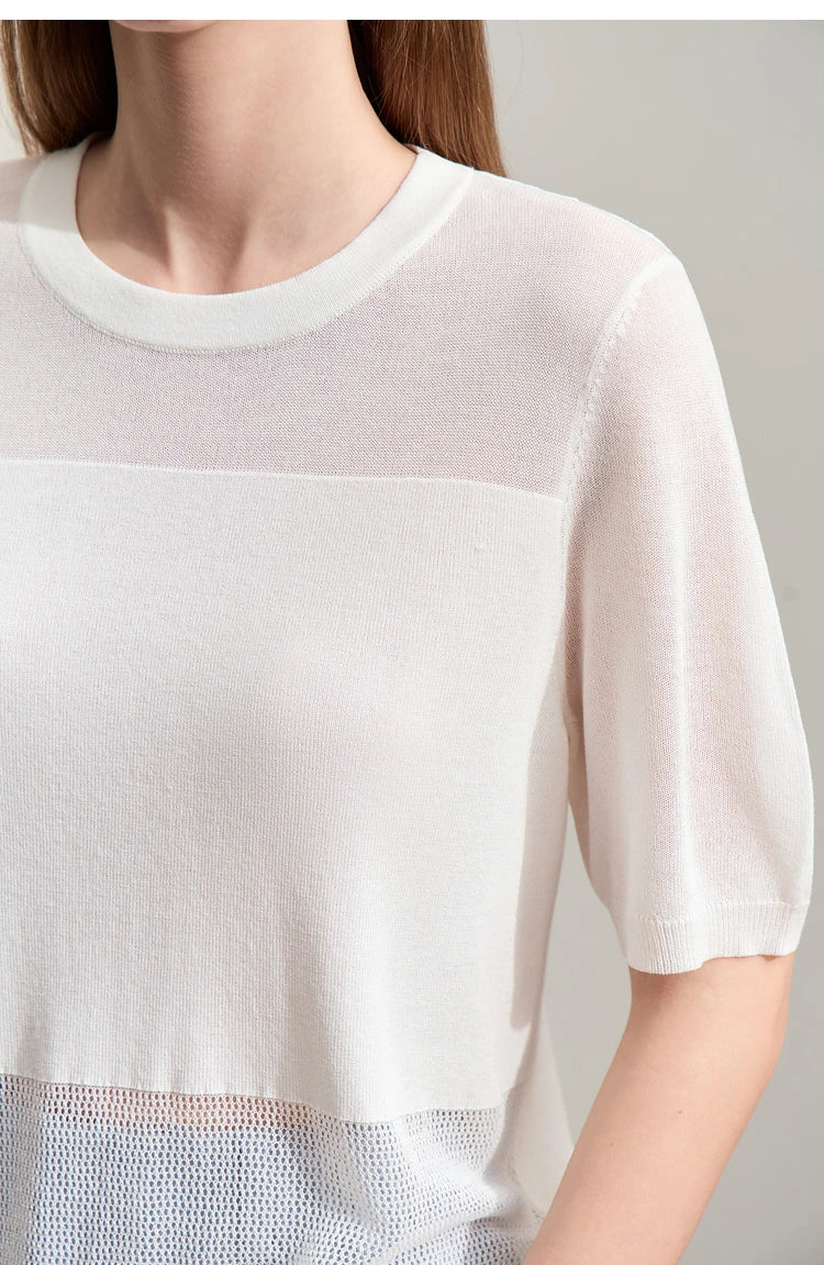 Amii Minimalism 2024 Knit Sweater Women Summer New Solid O-Neck Loose Short-sleeved Wool Casual Patchwork Chic Tops 12422028