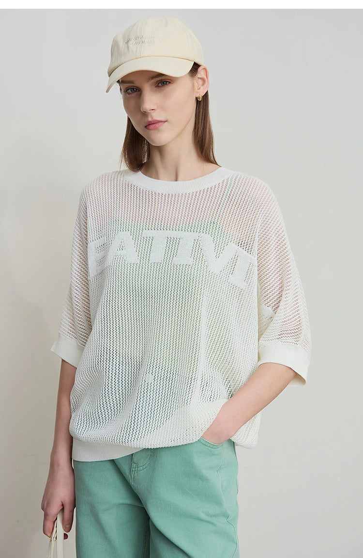 Amii Minimalist Women's Hollowed-out Knitted Pullover 2025 Summer New Half-sleeve Crew Neck Loose Blouse Thin Solid Top 12542139