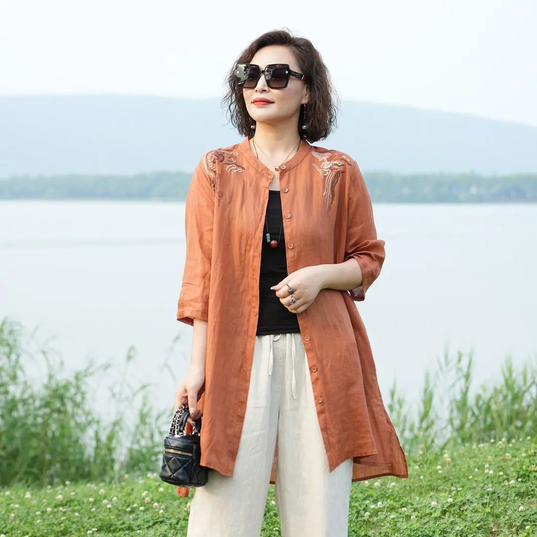 Spring and Summer Retro Embroidered Cotton Linen Shirt Stand Collar Mid-length Temperament Noble Mother Casual Jacket for Women