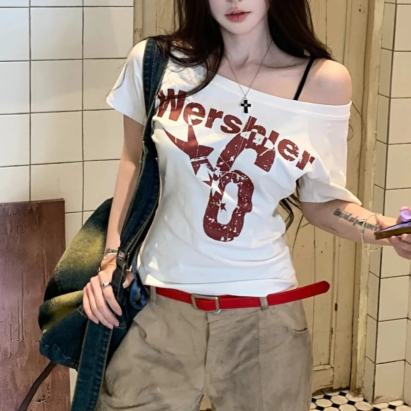 Y2k Women Vintage Streetwear Sport Short Sleeve Acubi Letter Print T-shirts Grunge Off Shoulder Spicy Tshirt Top Tee Alt Clothes
