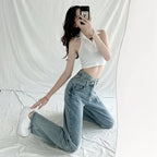 Design Sensibility High-Waisted Slimming Jeans Loose-Fit Straight-Leg Women's Korean Style Tie-Detail Wide-Leg Casual Trousers