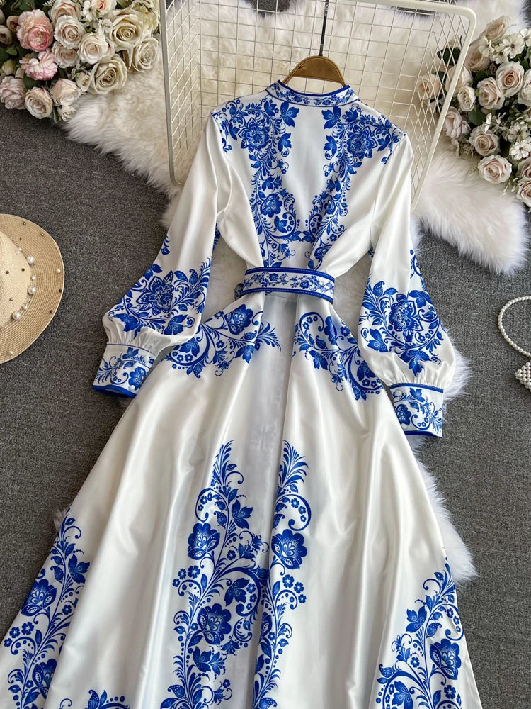 Spring Maxi Belt Dresses for Women Chic Vintage Printing Robe Femme Stand Neck Tunic Lantern Sleeve Dress 2024 Vestidos De Mujer