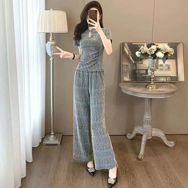 Fashion suit women's summer new style high-end feeling new Chinese style short sleeved top+casual wide leg pants two-piece set