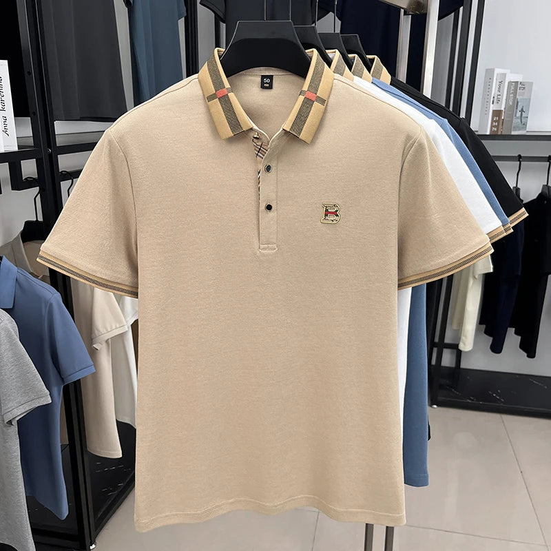 Summer new men's solid color casual fashion short sleeved polo shirt, summer comfortable business casual top