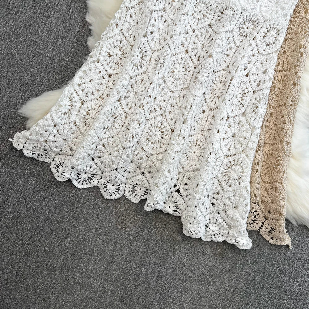 Boho Holiday Long Skirts Women Crochet Hollow Out Female Trumpet Skirt Ladies Elegant Lace Patchwork Summer Skirt Dropshipping