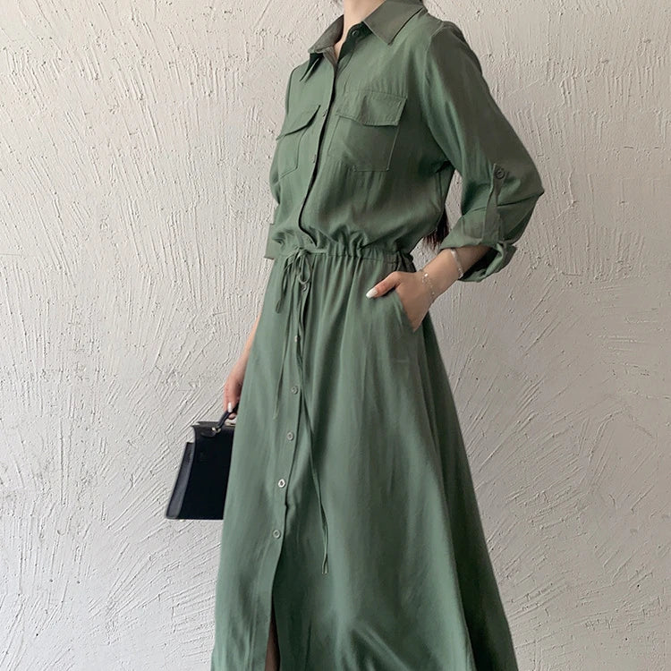 Matakawa Shirt Dresses for Women Solid Long Sleeve Japan Style Elegant Vestidos A-line Simple Fashion Casual  Dress Vintage