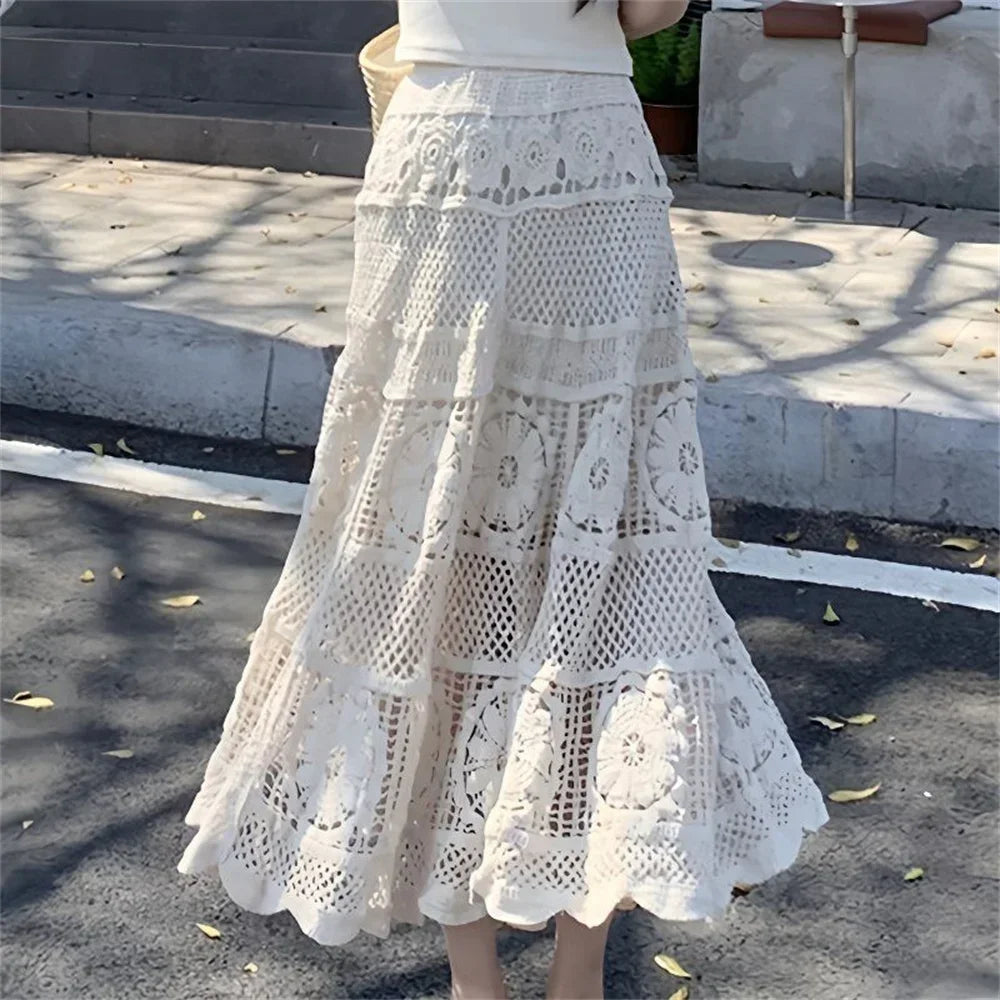 Mid Long Skirt Vintage Women Knitted Skirt 2025 Spring Summer High Waist Holllow Out Crocret Floral Pleated Skirts Lace Elegant
