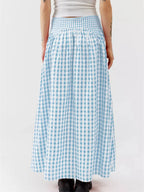 Women Y2K Bow Plaid Maxi Skirt High Waist Gingham Tiered Long Skirt Vintage A-Line Ruffle Flowy Midi Skirt Party Clubwear