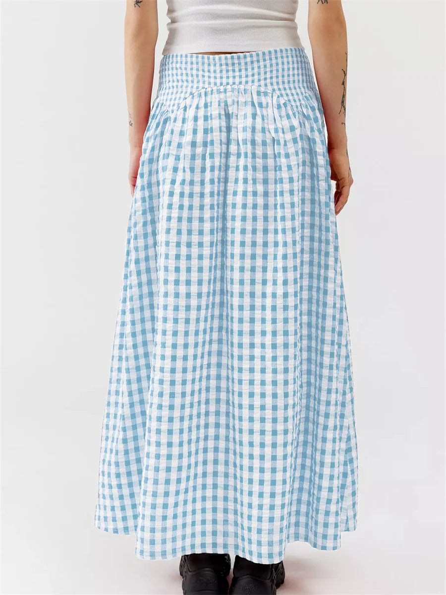 Women Y2K Bow Plaid Maxi Skirt High Waist Gingham Tiered Long Skirt Vintage A-Line Ruffle Flowy Midi Skirt Party Clubwear